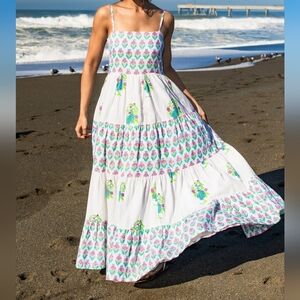 L/XL NWT/NWOT Brisara Isla Tropical Peacock Smocked Maxi Dress